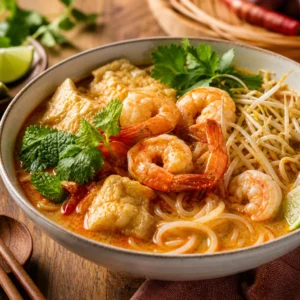 Malaysian laksa with prawns, rice noodles, tofu puffs, bean sprouts, herbs, lime, and coconut curry broth.