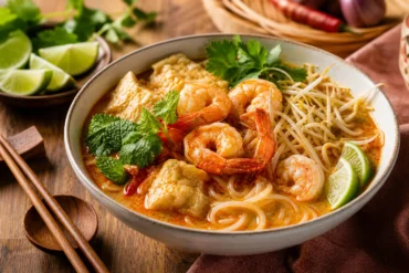 Malaysian laksa with prawns, rice noodles, tofu puffs, bean sprouts, herbs, lime, and coconut curry broth.
