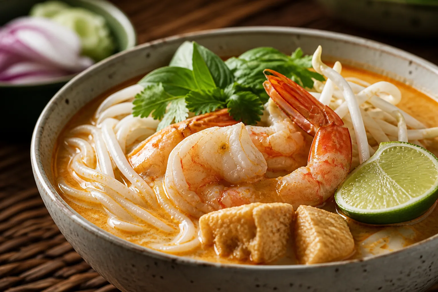 A close-up bowl of Malaysian laksa showing prawns, noodles, tofu puffs, herbs, and lime in coconut curry broth.