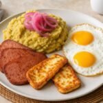 Dominican mangu topped with pickled onions and served with fried salami, fried cheese, and eggs.
