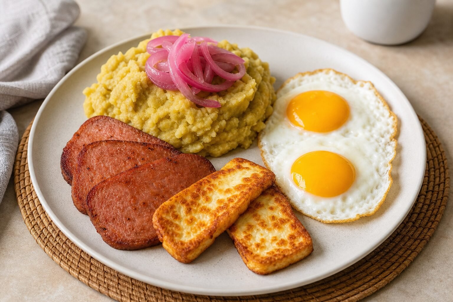 Dominican mangu topped with pickled onions and served with fried salami, fried cheese, and eggs.