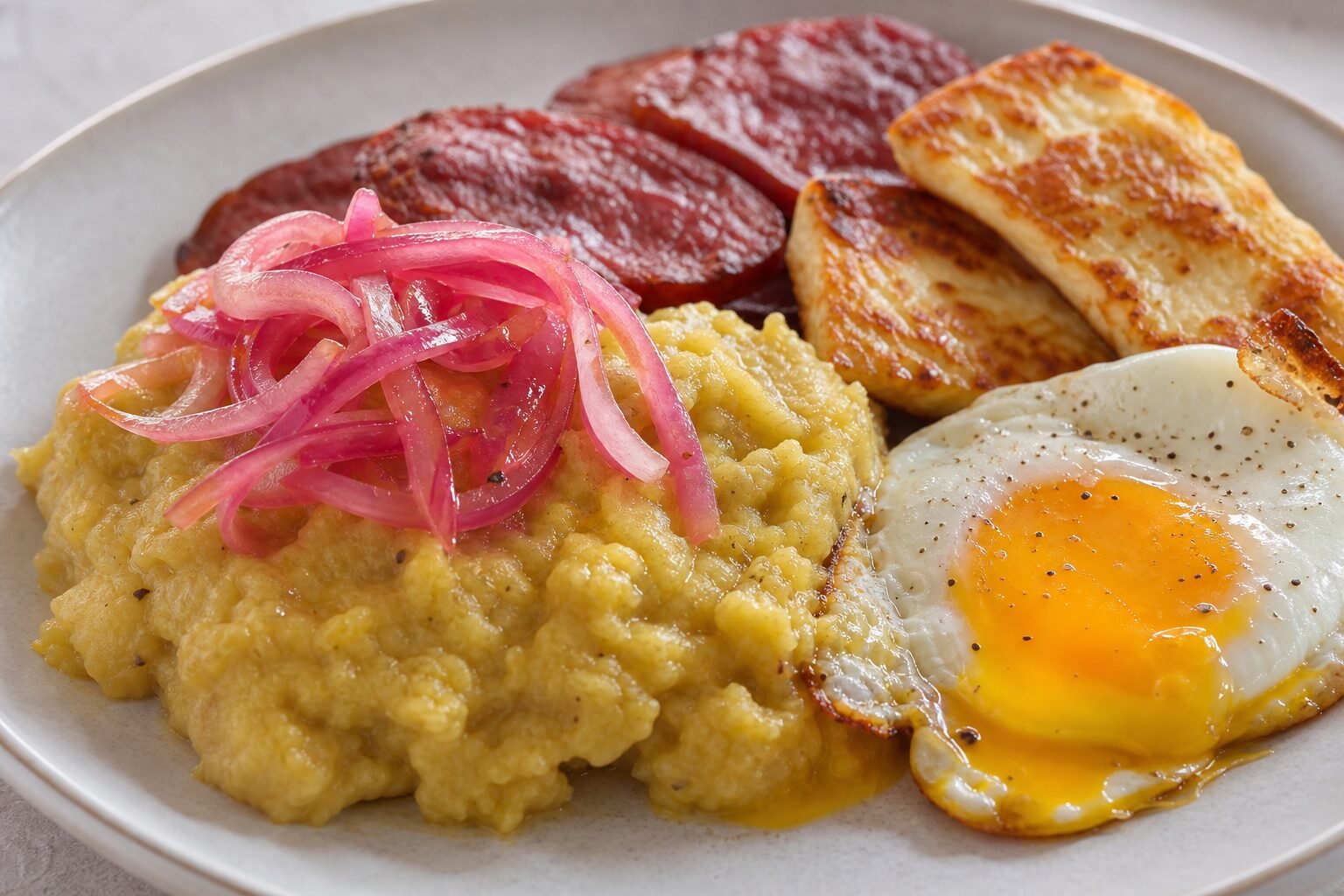 Close serving of creamy mangu with red onions, fried salami, fried cheese, and runny-yolk egg.