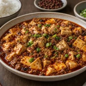 A bowl of mapo tofu with soft tofu cubes, minced pork, red chili oil, scallions, Sichuan pepper, and rice.