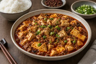 A bowl of mapo tofu with soft tofu cubes, minced pork, red chili oil, scallions, Sichuan pepper, and rice.