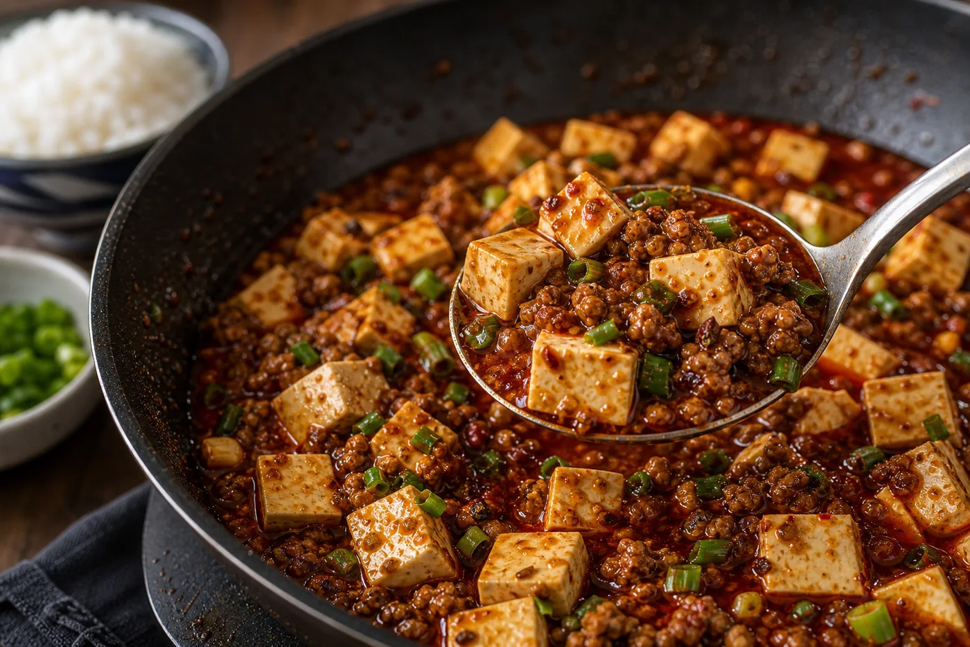 A spoonful of mapo tofu with tofu cubes, minced pork, scallions, and glossy red chili sauce.
