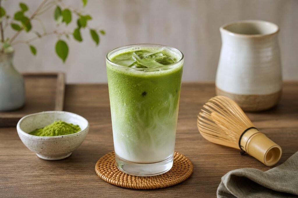 Japanese matcha latte in a clear glass with vivid green tea, creamy milk, and a bamboo whisk nearby.