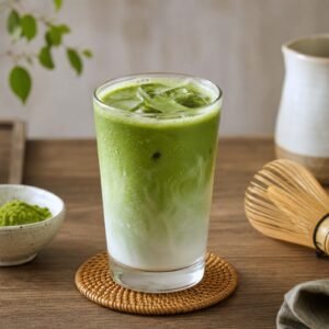 Japanese matcha latte in a clear glass with vivid green tea, creamy milk, and a bamboo whisk nearby.