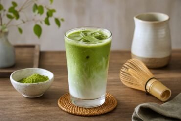 Japanese matcha latte in a clear glass with vivid green tea, creamy milk, and a bamboo whisk nearby.