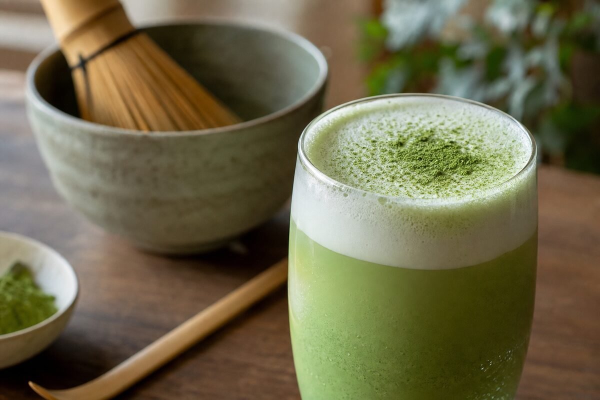 Close serving of a Japanese matcha latte with soft foam, vivid green tea, and a bamboo whisk in the background.