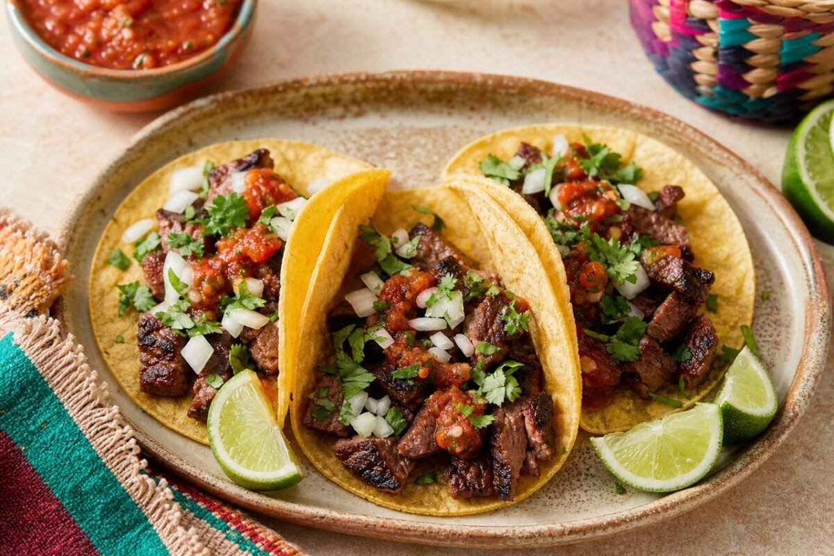 Three Mexican beef tacos in corn tortillas with cilantro, onion, salsa, and lime wedges.