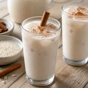 Two glasses of Mexican horchata over ice with cinnamon, rice, and a pitcher in the background.