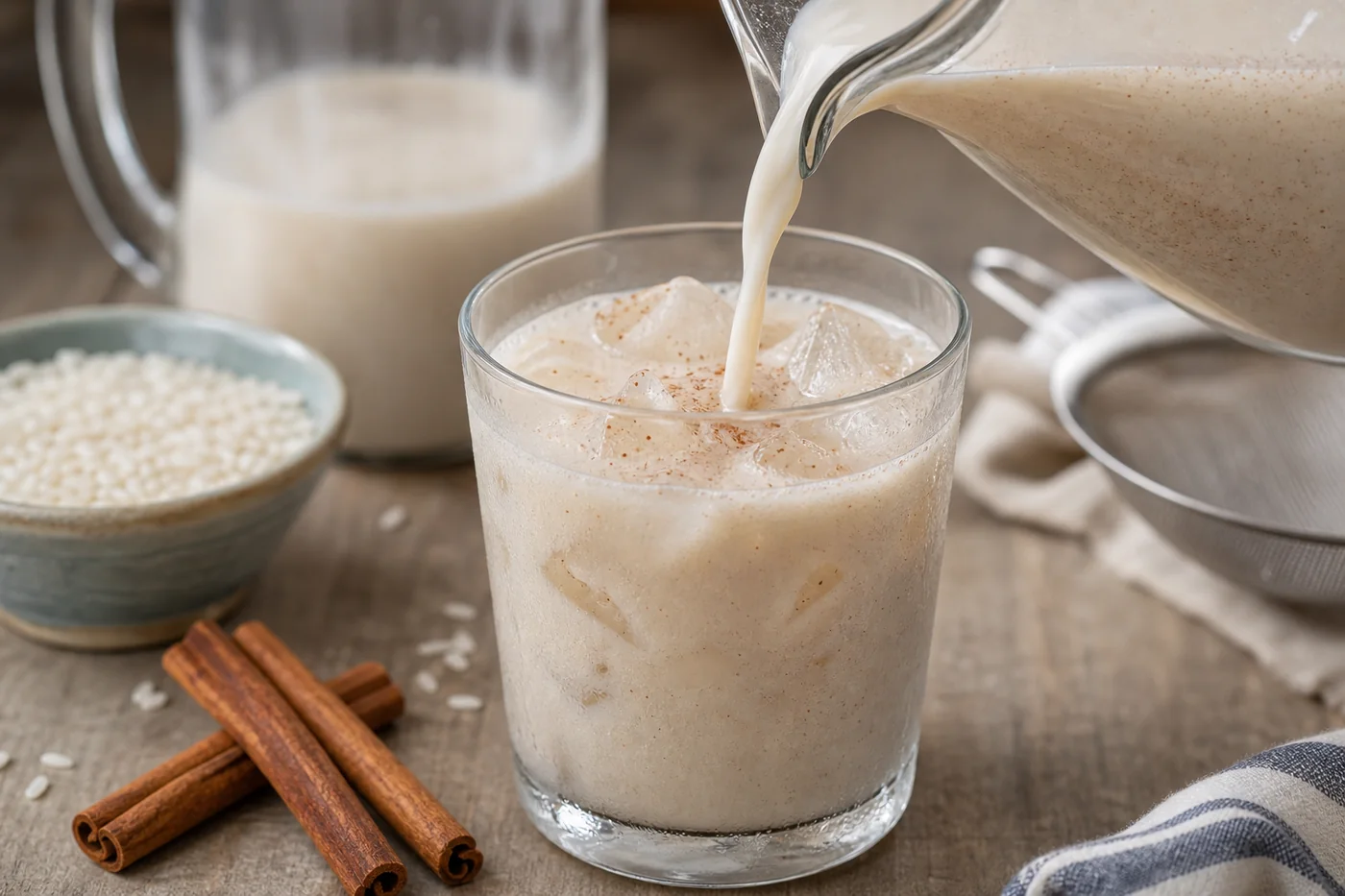 Creamy Mexican horchata being poured from a pitcher into a glass over ice.