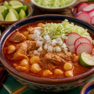 Mexican pozole rojo with tender pork, hominy, red chile broth, cabbage, radish, onion, cilantro, and lime.