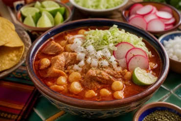 Mexican pozole rojo with tender pork, hominy, red chile broth, cabbage, radish, onion, cilantro, and lime.