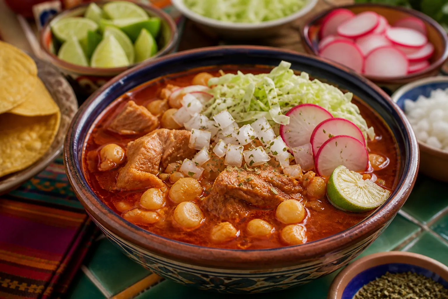 Mexican pozole rojo with tender pork, hominy, red chile broth, cabbage, radish, onion, cilantro, and lime.