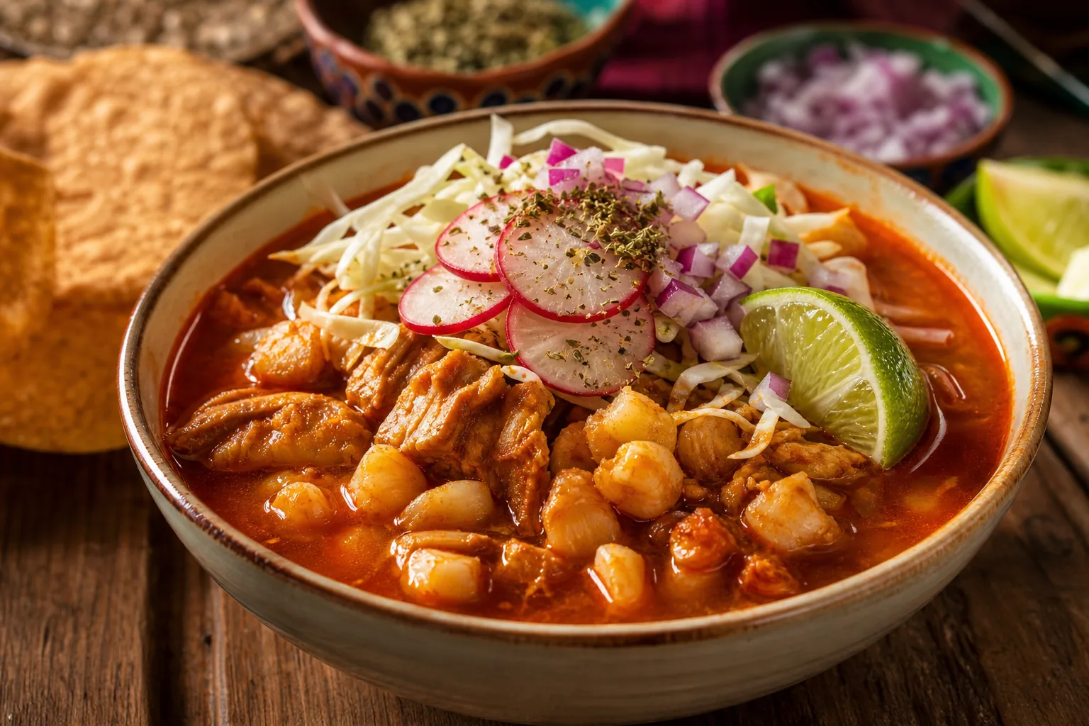 A close-up bowl of pozole rojo with pork, hominy, red chile broth, cabbage, radish, onion, oregano, and lime.