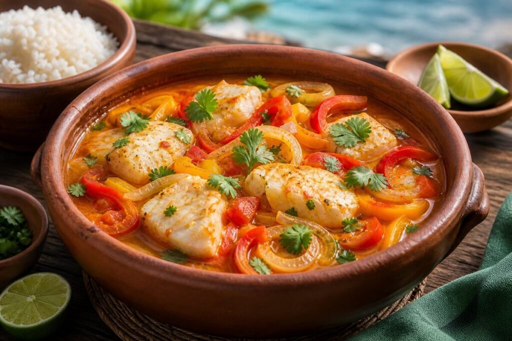 Brazilian moqueca de peixe fish stew with coconut broth, peppers, tomatoes, cilantro, and lime in a clay pot.