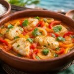 Brazilian moqueca de peixe fish stew with coconut broth, peppers, tomatoes, cilantro, and lime in a clay pot.