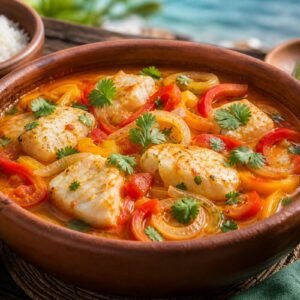 Brazilian moqueca de peixe fish stew with coconut broth, peppers, tomatoes, cilantro, and lime in a clay pot.
