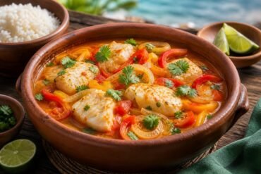 Brazilian moqueca de peixe fish stew with coconut broth, peppers, tomatoes, cilantro, and lime in a clay pot.