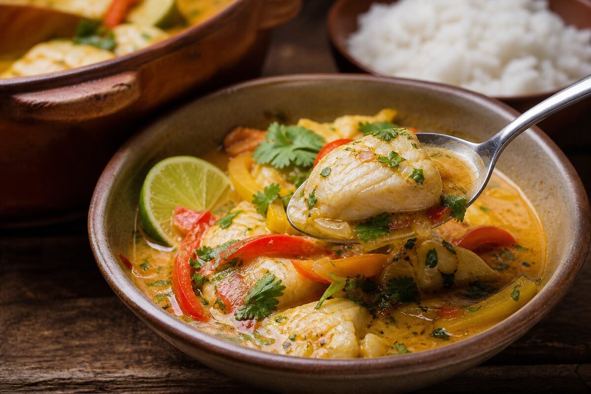 A bowl of Brazilian moqueca de peixe with tender fish, coconut broth, peppers, cilantro, lime, and white rice.