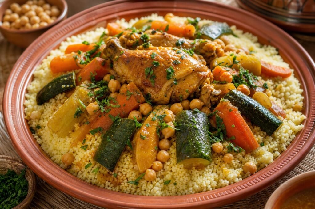 Moroccan couscous royale with chicken, chickpeas, carrots, zucchini, and herbs on a terracotta platter.