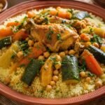 Moroccan couscous royale with chicken, chickpeas, carrots, zucchini, and herbs on a terracotta platter.