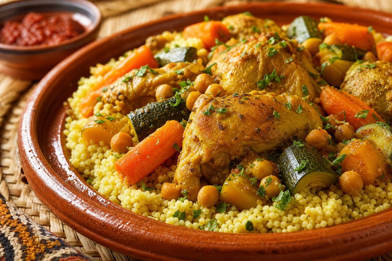 Close serving of fluffy Moroccan couscous with braised chicken, chickpeas, carrots, zucchini, and herbs.