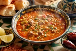 Moroccan harira soup with tomato broth, lentils, chickpeas, vermicelli, lamb, celery, cilantro, lemon, and dates.