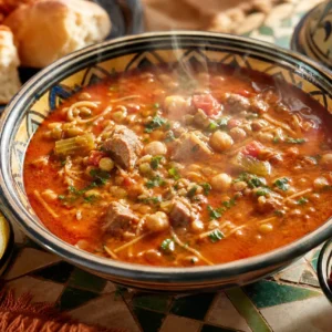 Moroccan harira soup with tomato broth, lentils, chickpeas, vermicelli, lamb, celery, cilantro, lemon, and dates.