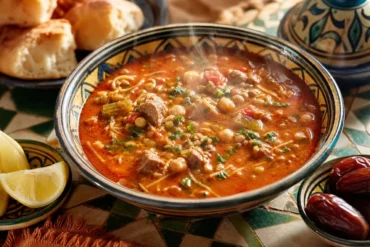 Moroccan harira soup with tomato broth, lentils, chickpeas, vermicelli, lamb, celery, cilantro, lemon, and dates.