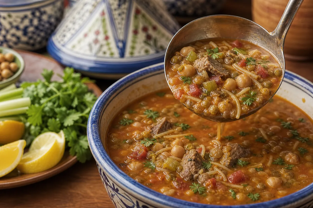 A close-up serving of Moroccan harira with tomato-lentil broth, chickpeas, vermicelli, lamb, celery, cilantro, and lemon.