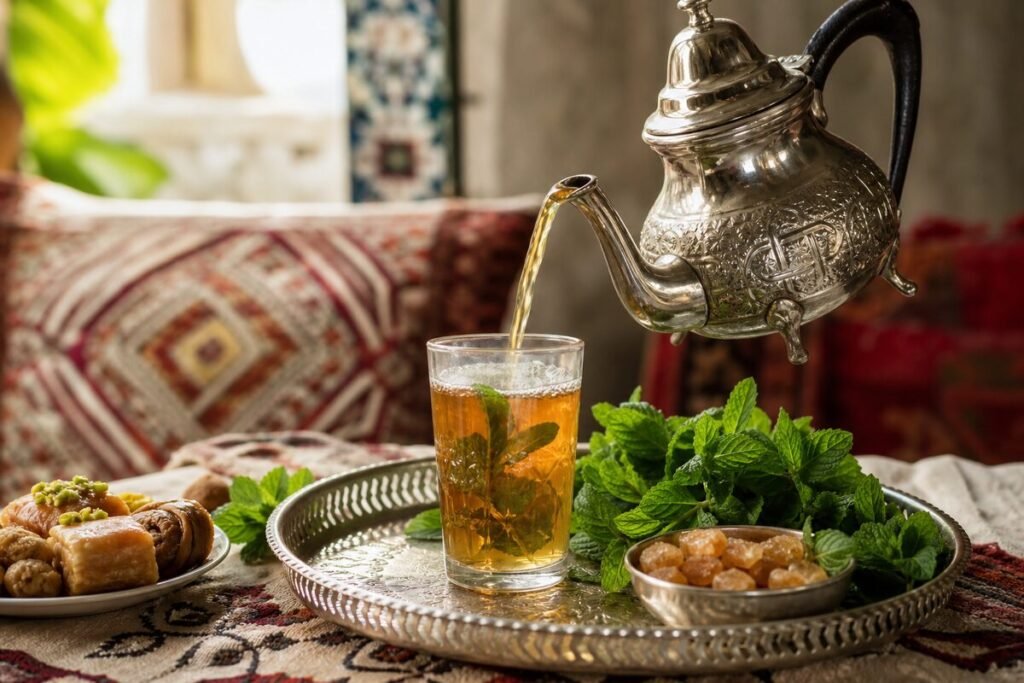 Moroccan mint tea poured from a silver teapot into a clear glass with fresh mint on a patterned table.