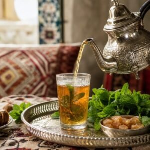 Moroccan mint tea poured from a silver teapot into a clear glass with fresh mint on a patterned table.