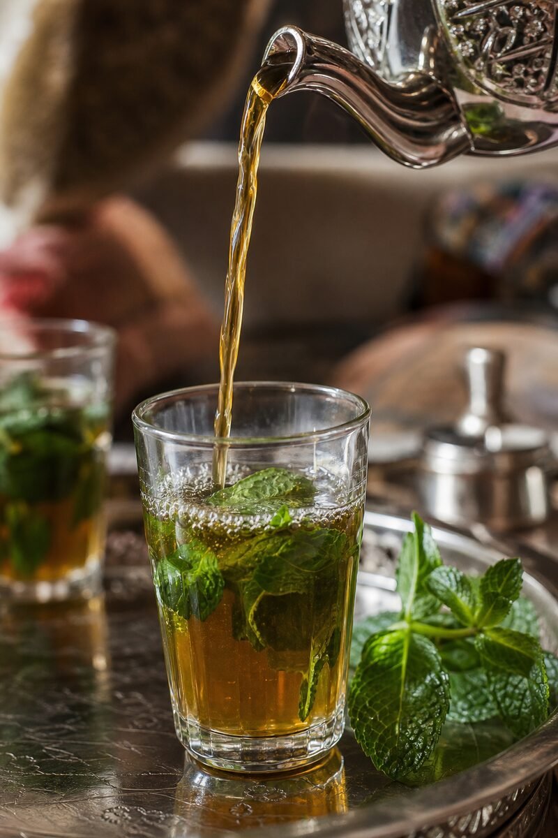 Close serving of amber Moroccan mint tea with fresh mint and a polished silver teapot.