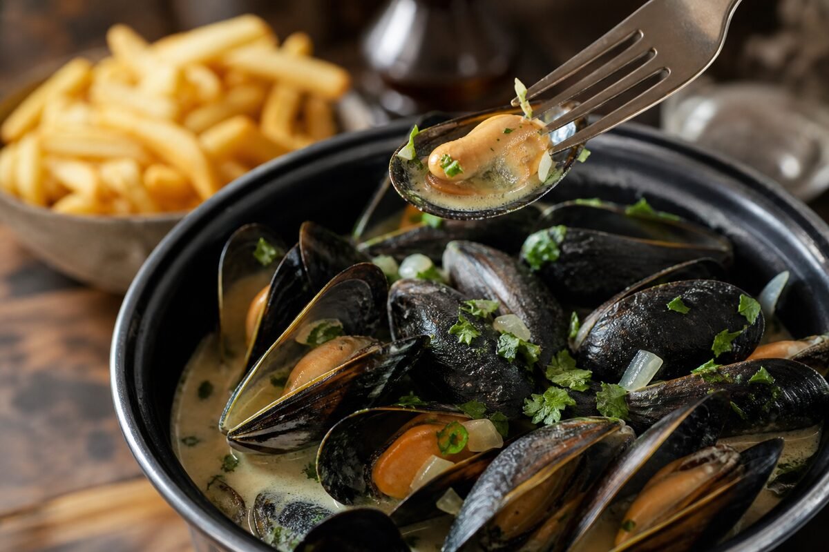 Close serving of Belgian moules-frites with open mussels, creamy broth, crisp fries, parsley, and lemon.