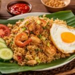 Indonesian nasi goreng fried rice with prawns, chicken, egg, scallions, cucumber, tomato, and crispy shallots.