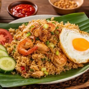 Indonesian nasi goreng fried rice with prawns, chicken, egg, scallions, cucumber, tomato, and crispy shallots.