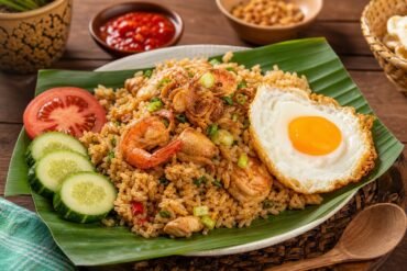 Indonesian nasi goreng fried rice with prawns, chicken, egg, scallions, cucumber, tomato, and crispy shallots.