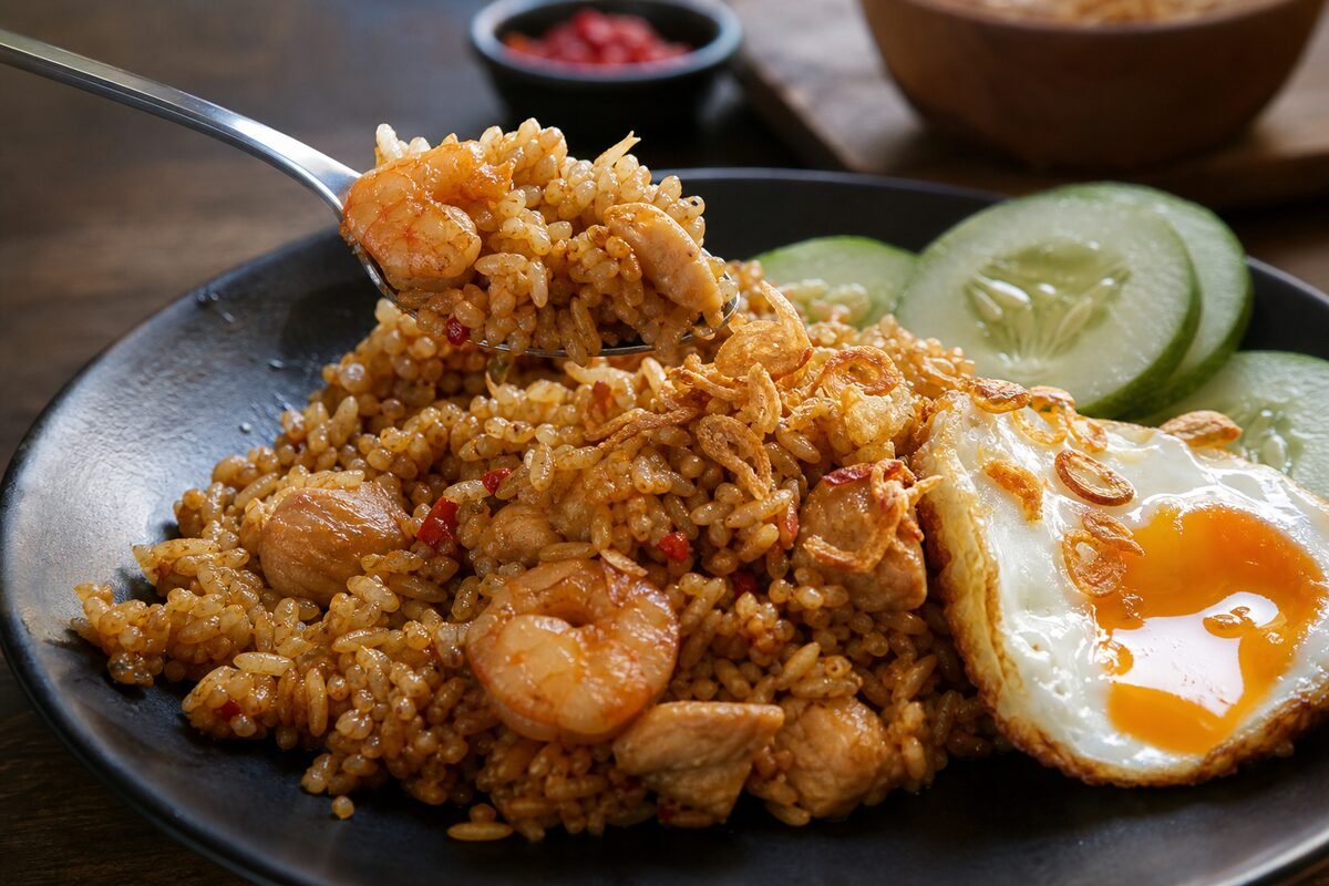 Close serving of Indonesian nasi goreng with smoky fried rice, prawns, chicken, a runny fried egg, and crispy shallots.