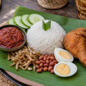 Malaysian nasi lemak with coconut rice, sambal, anchovies, peanuts, cucumber, egg, and fried chicken.