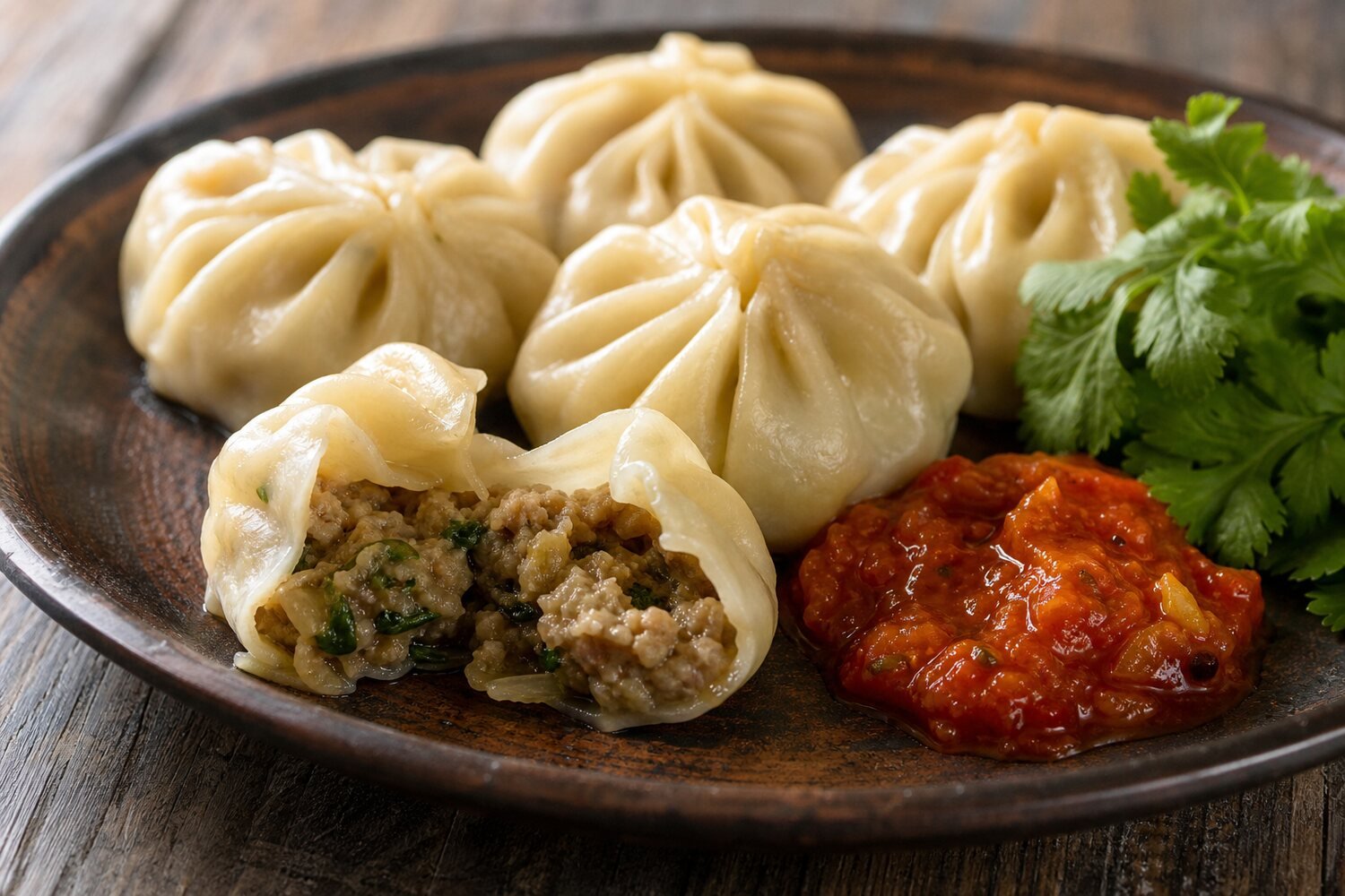 Close-up Nepalese momo dumplings with savory filling, red tomato achar, and cilantro.