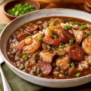A bowl of New Orleans gumbo with shrimp, chicken, and andouille sausage over white rice.