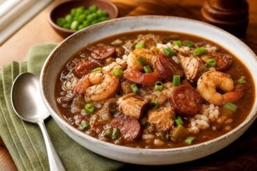 A bowl of New Orleans gumbo with shrimp, chicken, and andouille sausage over white rice.