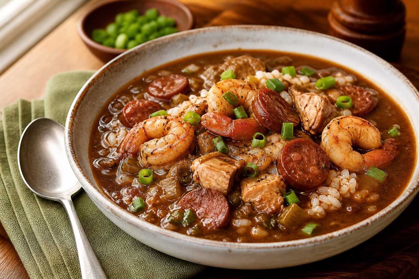 A bowl of New Orleans gumbo with shrimp, chicken, and andouille sausage over white rice.
