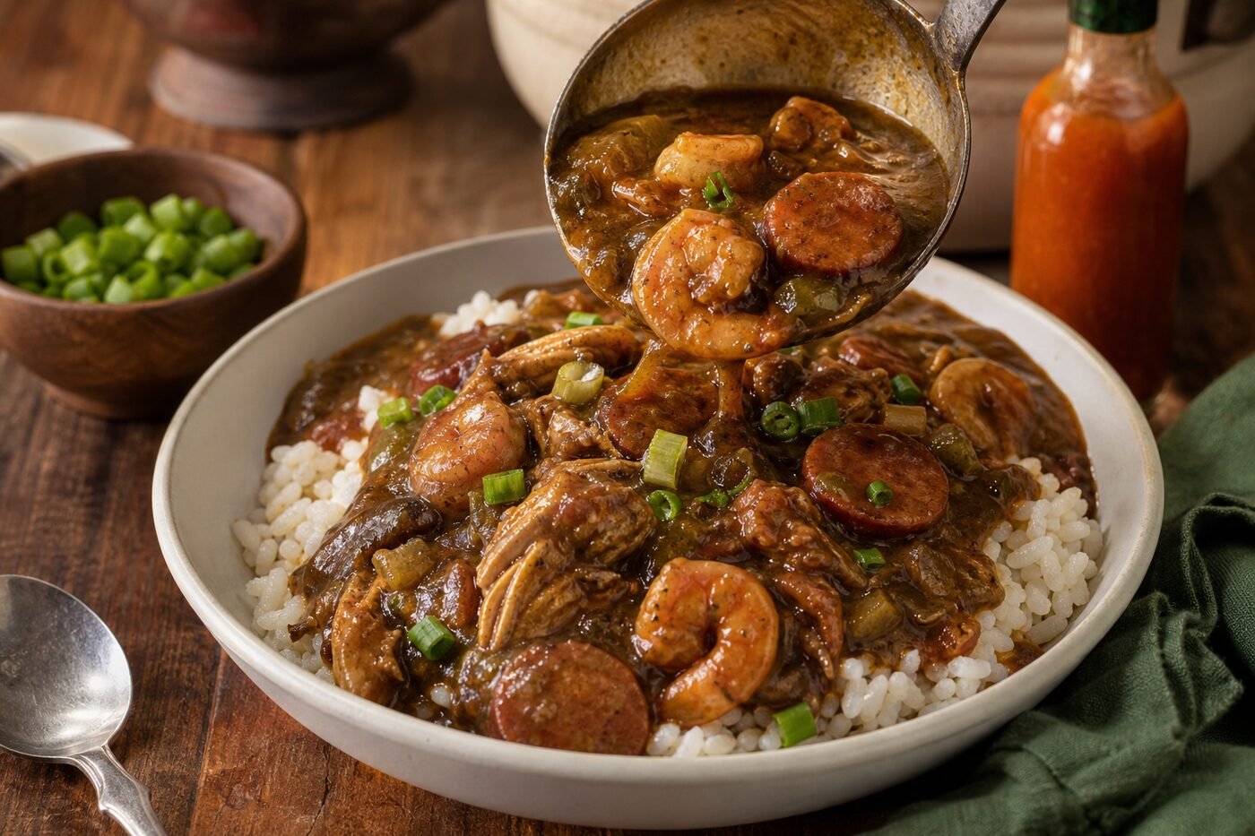 Close-up of dark roux gumbo ladled over white rice with shrimp, chicken, sausage, and scallions.
