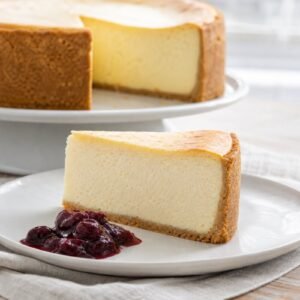 A tall slice of classic New York cheesecake with creamy filling, graham cracker crust, and berry compote on the side.