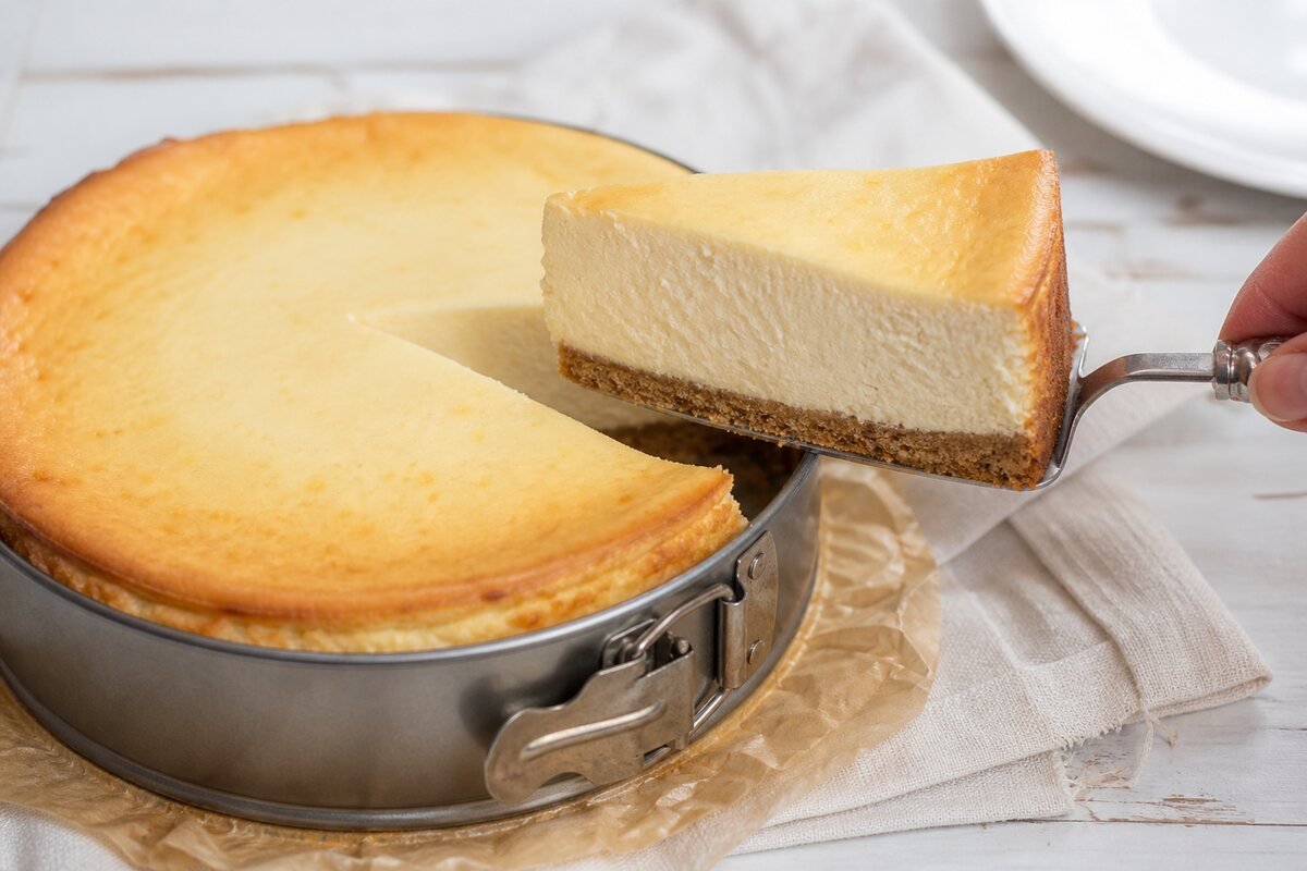 A clean slice of New York cheesecake is lifted from a springform pan, showing dense filling and a golden crumb crust.