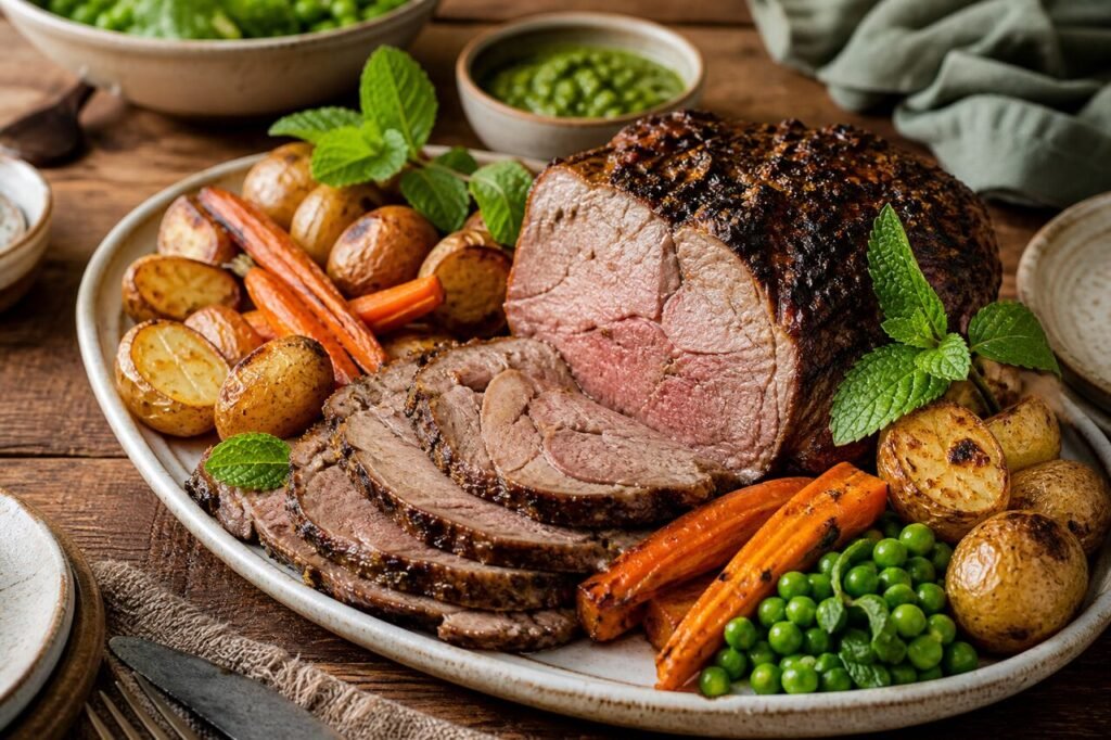 Sliced New Zealand roast lamb with roasted potatoes, carrots, peas, and fresh mint.