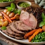 Sliced New Zealand roast lamb with roasted potatoes, carrots, peas, and fresh mint.